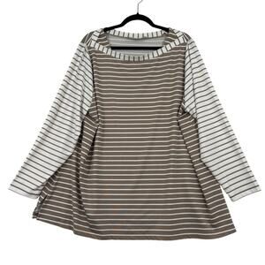 Susan Graver Top Size 3X Beige White Stripe Butterknit Bateau Neck Long Sleeve